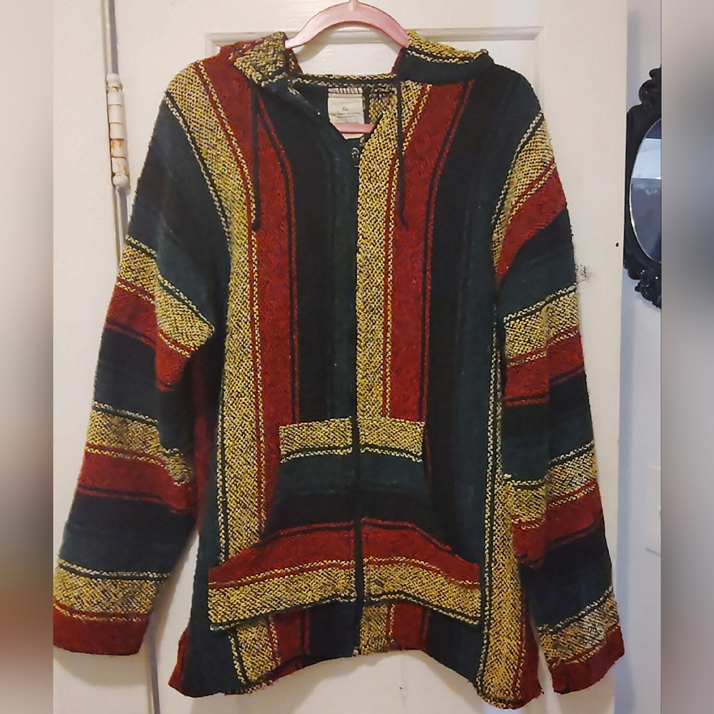 Baja Hoodie Mexican Surfer Red Black Blue Yellow Poncho Sweater Zip Up Jacket XL